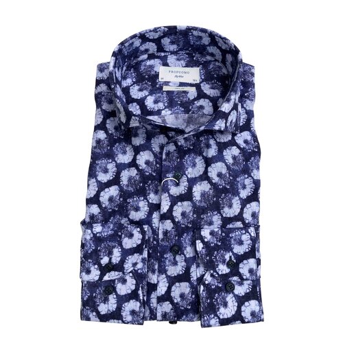 Leinen-Hemd in Slim Fit/ im Blau-Wei&szlig;en Flower-Print von Profuomo