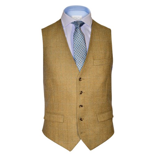 Weste "Fabian W" aus Khakifarbenem Twill mit feinem Overcheck in Hellblau/Braun