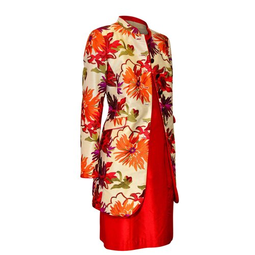 Gehrock "Liane" mit einem Bl&uuml;ten-Jaquard in Pink/Rot/Korall-T&ouml;nen