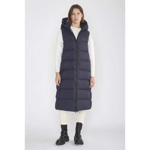 Daunen-Weste m. Kapuze "Agathe" Long-Version in Navy